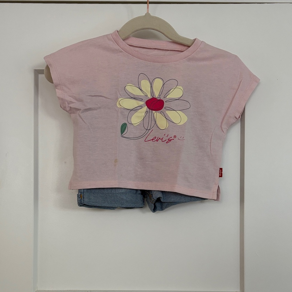 Levi's Girls' Pink Flower Graphic Cropped Tee with Matching Jean Shorts 18 Month